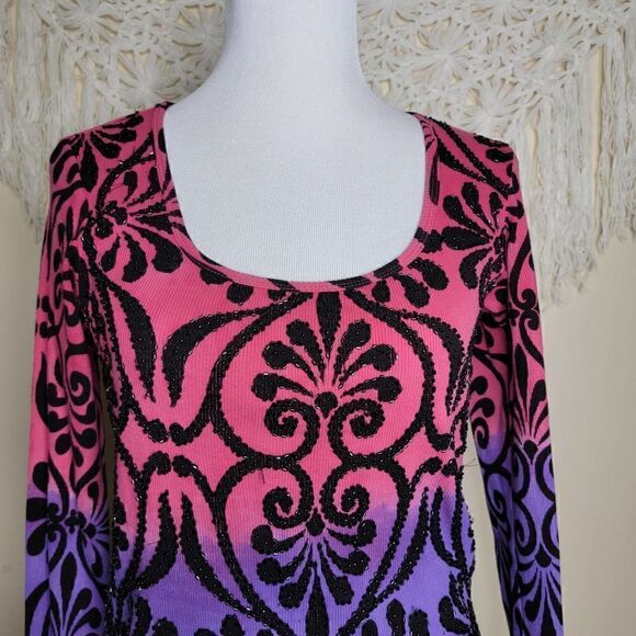 Faith Beaded Scroll Pattern Long Sleeve Knit Top Purple Pink Size Large - Picture 9 of 12